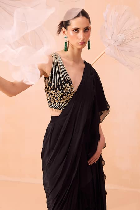 Buy_Parul Gandhi_Black Satin, Crepe Embroidery, Zari V-neck Ruffled Saree With Hand Blouse _Online_at_Aza_Fashions