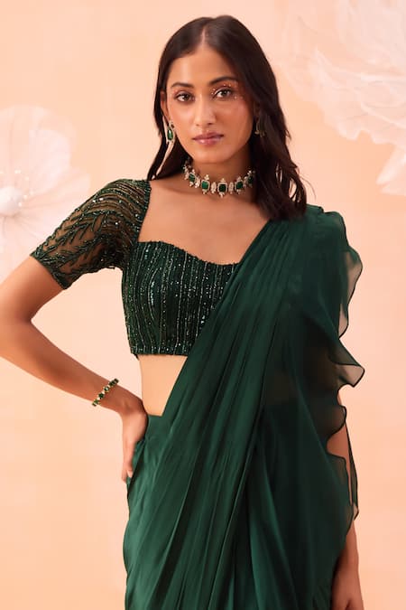 Parul Gandhi_Emerald Green Satin, Crepe Embroidery Ruffle Pre-draped Saree With Blouse _Online_at_Aza_Fashions
