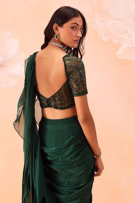 Buy_Parul Gandhi_Emerald Green Satin, Crepe Embroidery Ruffle Pre-draped Saree With Blouse _Online_at_Aza_Fashions