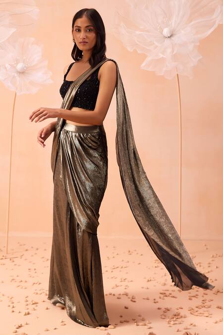 Parul Gandhi_Gold Lycra Beads, Cut Work Nirwana Pre-draped Saree With Embroidered Blouse _Online_at_Aza_Fashions
