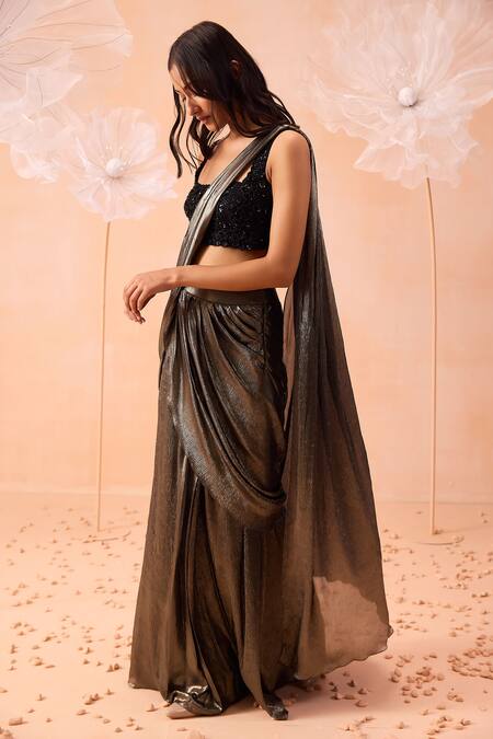 Buy_Parul Gandhi_Gold Lycra Beads, Cut Work Nirwana Pre-draped Saree With Embroidered Blouse _Online_at_Aza_Fashions