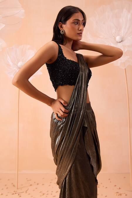 Shop_Parul Gandhi_Gold Lycra Beads, Cut Work Nirwana Pre-draped Saree With Embroidered Blouse _Online_at_Aza_Fashions