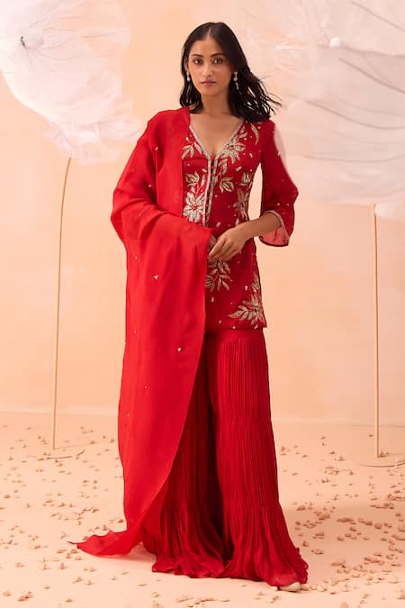 PARUL GANDHI Red Linen Satin Applique Hand Embroidered Dori V Neck Rouge Kurta Sharara Set 