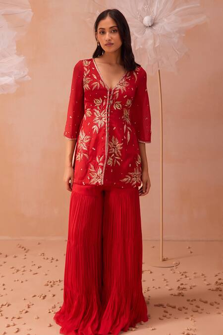 Parul Gandhi Red Chiffon, Satin, Linen Sequins, Embroidery Rouge Hand Kurta Sharara Set Online at Aza Fashions Parul Gandhi_Red Chiffon, Satin, Linen Sequins, Embroidery Rouge Hand Kurta Sharara Set _Online_at_Aza_Fashions