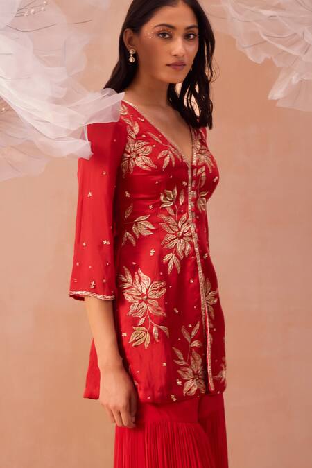 Shop Parul Gandhi Red Chiffon, Satin, Linen Sequins, Embroidery Rouge Hand Kurta Sharara Set Online at Aza Fashions Shop_Parul Gandhi_Red Chiffon, Satin, Linen Sequins, Embroidery Rouge Hand Kurta Sharara Set _Online_at_Aza_Fashions