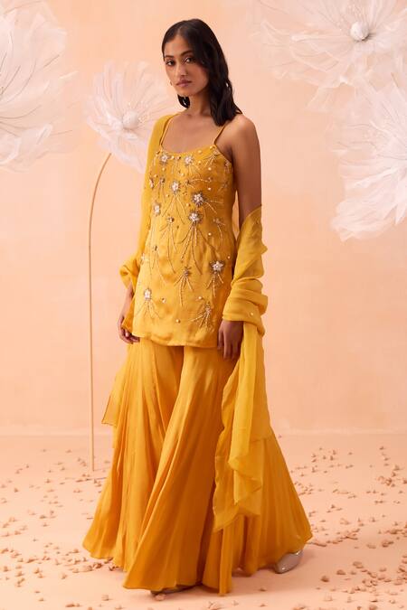 Parul Gandhi_Yellow Satin, Georgette Embroidery, Beads Round Jaune Hand Kurta Sharara Set _Online_at_Aza_Fashions
