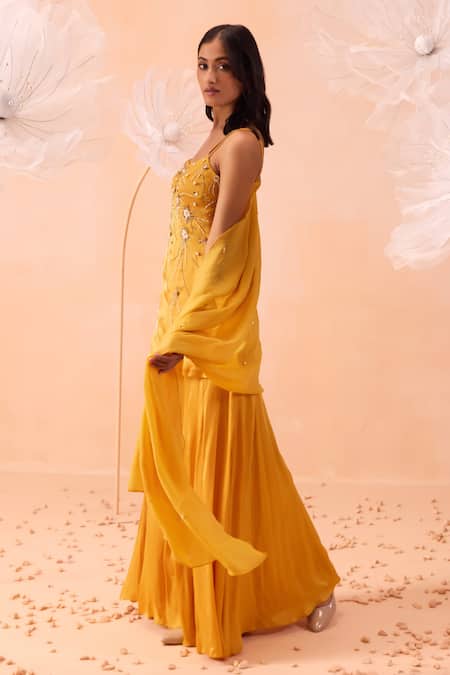 Buy_Parul Gandhi_Yellow Satin, Georgette Embroidery, Beads Round Jaune Hand Kurta Sharara Set _Online_at_Aza_Fashions