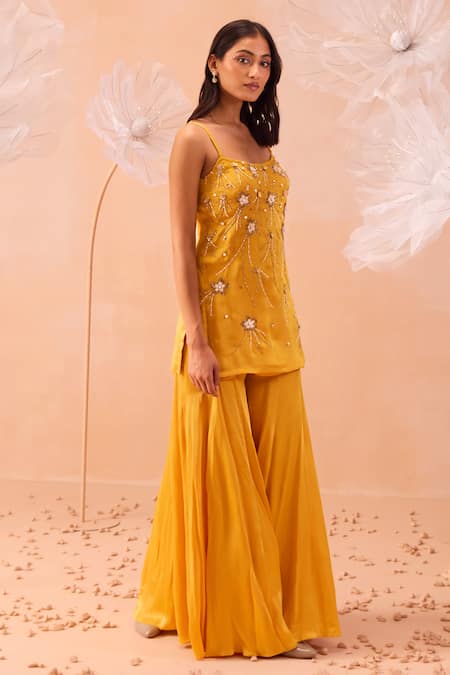 Shop_Parul Gandhi_Yellow Satin, Georgette Embroidery, Beads Round Jaune Hand Kurta Sharara Set _Online_at_Aza_Fashions