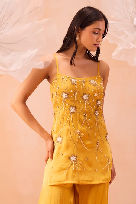 Parul Gandhi_Yellow Satin, Georgette Embroidery, Beads Round Jaune Hand Kurta Sharara Set _at_Aza_Fashions