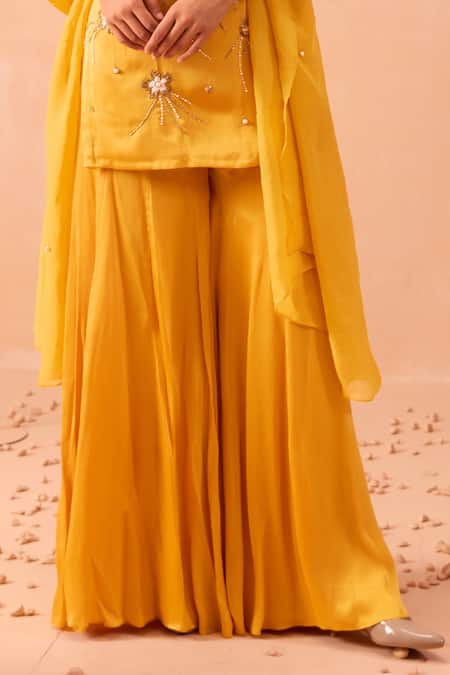 Buy_Parul Gandhi_Yellow Satin, Georgette Embroidery, Beads Round Jaune Hand Kurta Sharara Set 