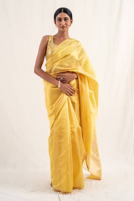 Priyanka Raajiv_Yellow Silk Brocade Embroidery Sequins U Neck Anmol Blouse _Online_at_Aza_Fashions