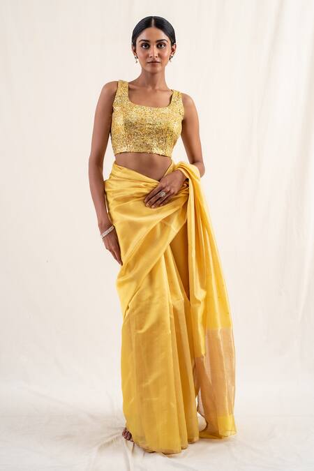 Buy_Priyanka Raajiv_Yellow Silk Brocade Embroidery Sequins U Neck Anmol Blouse _Online_at_Aza_Fashions