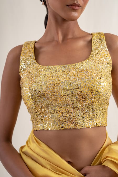 Shop_Priyanka Raajiv_Yellow Silk Brocade Embroidery Sequins U Neck Anmol Blouse _Online_at_Aza_Fashions
