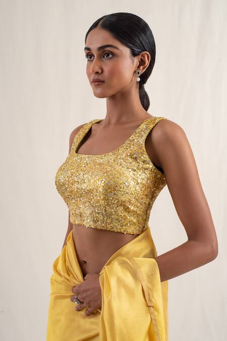 Buy_Priyanka Raajiv_Yellow Silk Brocade Embroidery Sequins U Neck Anmol Blouse 