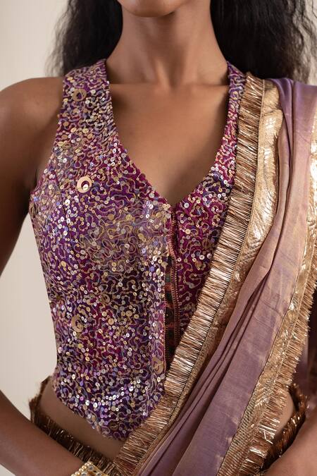 Buy_Priyanka Raajiv_Purple Silk Brocade Embroidery Sequins V-neck Aravali Waistcoat Blouse _Online_at_Aza_Fashions