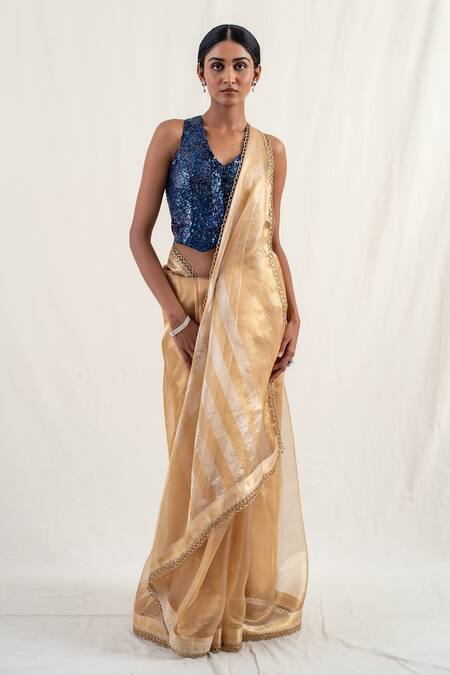 Priyanka Raajiv_Blue Silk Brocade Embroidery Sequins V-neck Aravali Waistcoat Blouse _Online_at_Aza_Fashions