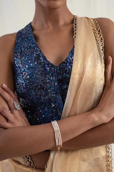 Buy_Priyanka Raajiv_Blue Silk Brocade Embroidery Sequins V-neck Aravali Waistcoat Blouse _Online_at_Aza_Fashions
