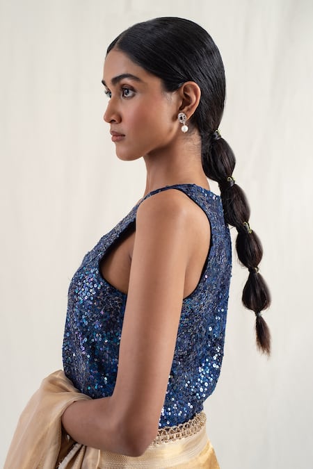 Priyanka Raajiv_Blue Silk Brocade Embroidery Sequins V-neck Aravali Waistcoat Blouse _at_Aza_Fashions