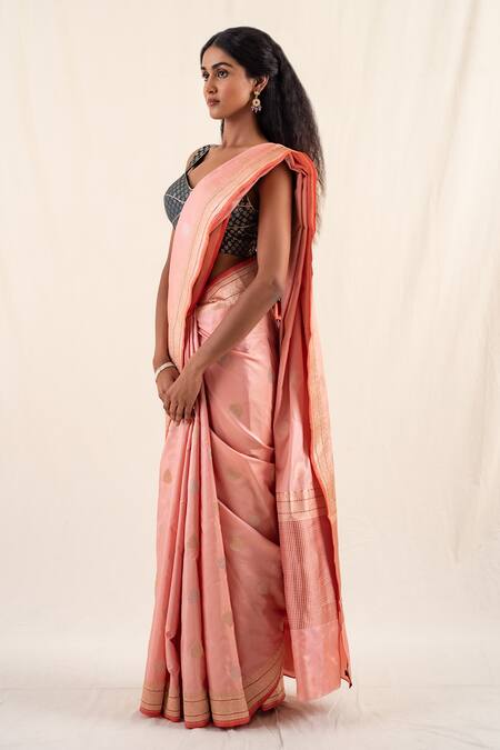 Buy_Priyanka Raajiv_Coral Silk Embroidery Arshiya Pattern Saree With Unstitched Blouse Piece _Online_at_Aza_Fashions