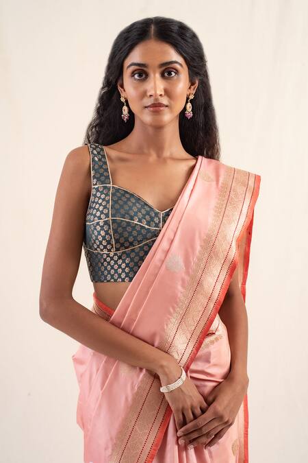 Shop_Priyanka Raajiv_Coral Silk Embroidery Arshiya Pattern Saree With Unstitched Blouse Piece _Online_at_Aza_Fashions