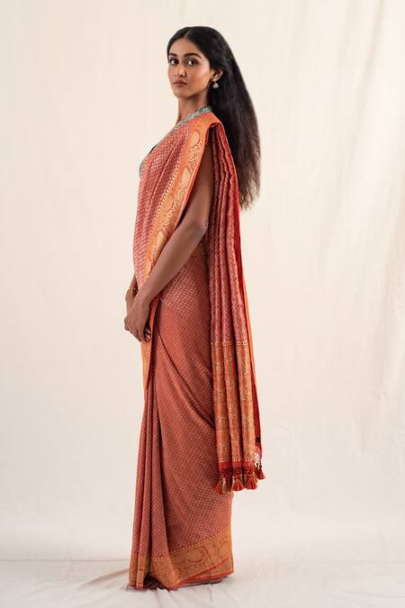 Buy_Priyanka Raajiv_Orange Silk Embroidery Begum Floral Pattern Saree With Unstitched Blouse Piece _Online_at_Aza_Fashions