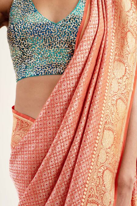 Shop_Priyanka Raajiv_Orange Silk Embroidery Begum Floral Pattern Saree With Unstitched Blouse Piece _Online_at_Aza_Fashions