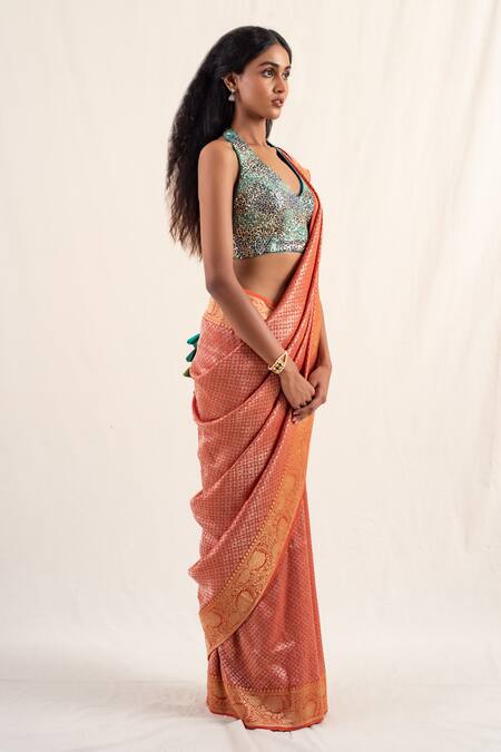 Priyanka Raajiv_Orange Silk Embroidery Begum Floral Pattern Saree With Unstitched Blouse Piece _at_Aza_Fashions