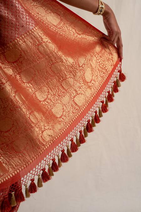 Buy_Priyanka Raajiv_Orange Silk Embroidery Begum Floral Pattern Saree With Unstitched Blouse Piece 