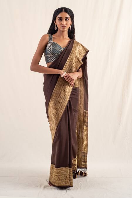 Priyanka Raajiv Brown Silk Banarasi Handwoven Burma Pattern Saree With Unstitched Blouse Piece
