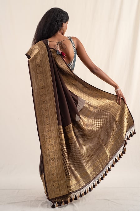 Priyanka Raajiv_Brown Silk Embroidery Burma Floral Pattern Saree With Unstitched Blouse Piece _Online_at_Aza_Fashions