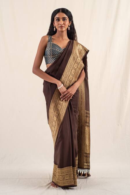 Priyanka Raajiv_Brown Silk Embroidery Burma Floral Pattern Saree With Unstitched Blouse Piece _at_Aza_Fashions