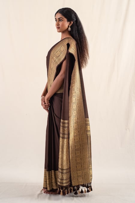 Buy_Priyanka Raajiv_Brown Silk Embroidery Burma Floral Pattern Saree With Unstitched Blouse Piece 