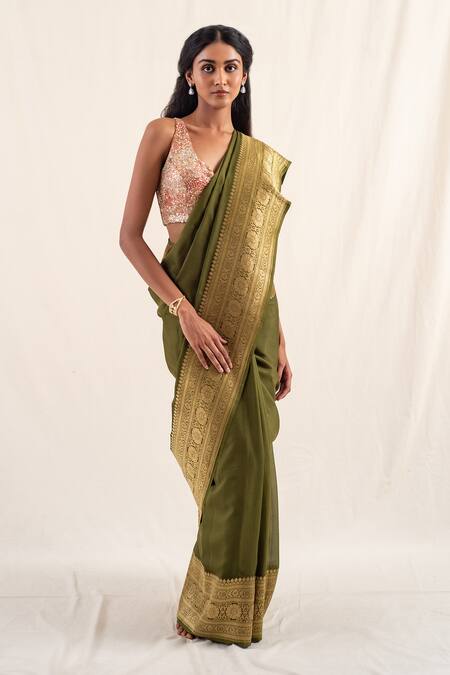 Priyanka Raajiv_Green Silk Embroidery Burma Floral Pattern Saree With Unstitched Blouse Piece _Online_at_Aza_Fashions