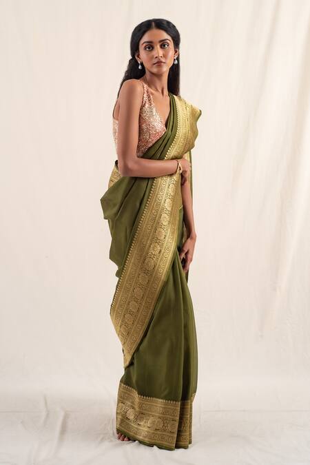 Buy_Priyanka Raajiv_Green Silk Embroidery Burma Floral Pattern Saree With Unstitched Blouse Piece _Online_at_Aza_Fashions