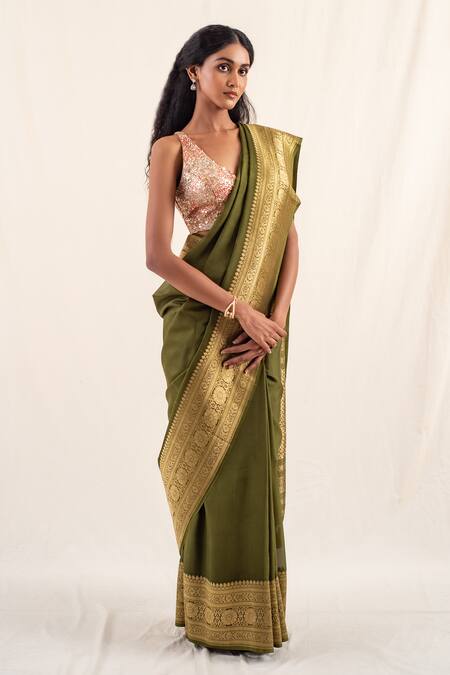 Shop_Priyanka Raajiv_Green Silk Embroidery Burma Floral Pattern Saree With Unstitched Blouse Piece _Online_at_Aza_Fashions