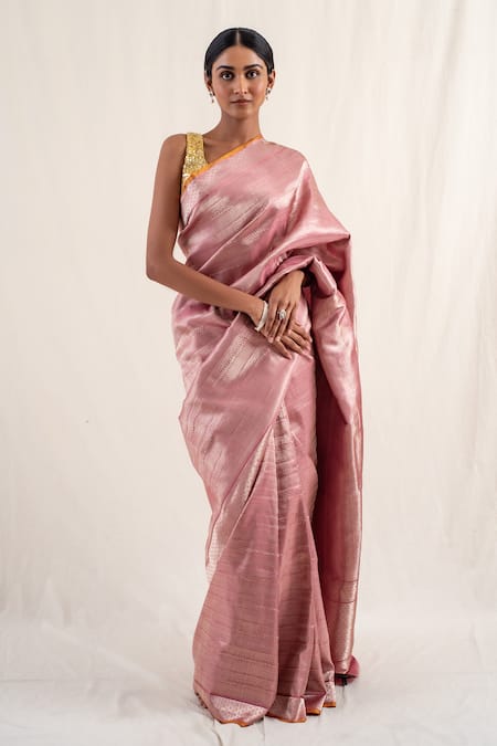 Priyanka Raajiv Pink Silk Banarasi Handwoven Chatth Pattern Saree With Unstitched Blouse Piece 