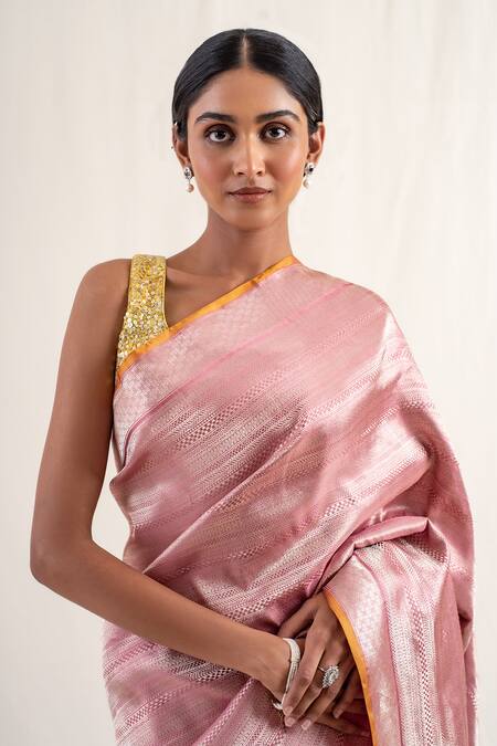 Priyanka Raajiv_Pink Silk Zari Chatth Geometric Pattern Saree With Unstitched Blouse Piece _Online_at_Aza_Fashions