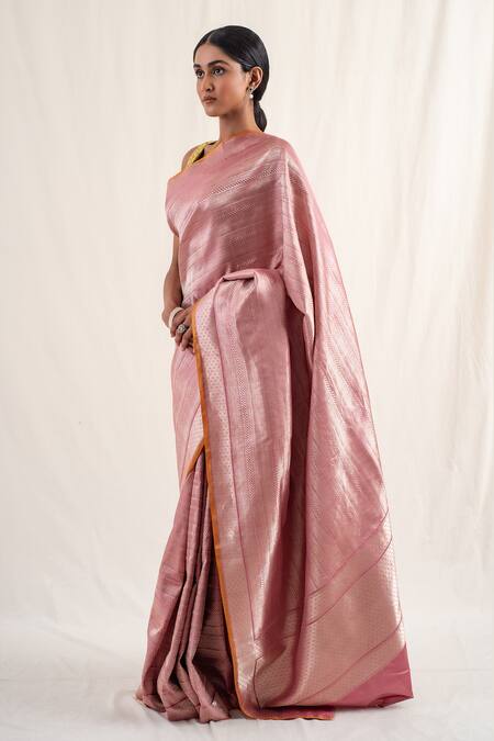 Shop_Priyanka Raajiv_Pink Silk Zari Chatth Geometric Pattern Saree With Unstitched Blouse Piece _Online_at_Aza_Fashions