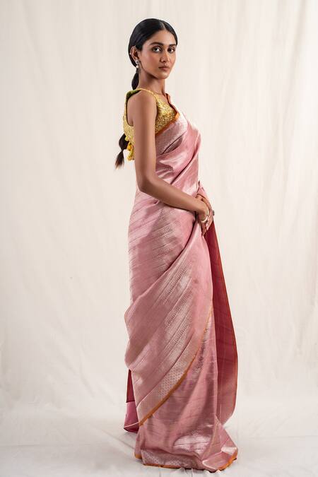 Priyanka Raajiv_Pink Silk Zari Chatth Geometric Pattern Saree With Unstitched Blouse Piece _at_Aza_Fashions