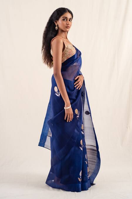 Buy_Priyanka Raajiv_Blue , Organza Chira Floral Pattern Saree With Unstitched Blouse Piece _Online_at_Aza_Fashions