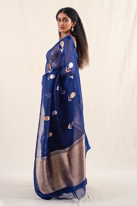 Shop_Priyanka Raajiv_Blue , Organza Chira Floral Pattern Saree With Unstitched Blouse Piece _Online_at_Aza_Fashions