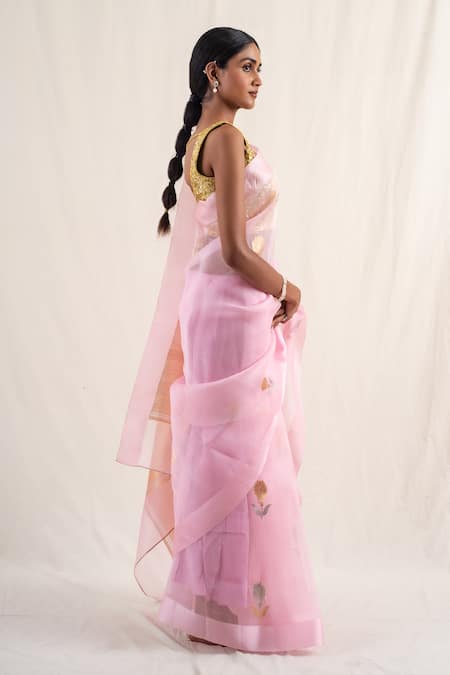 Buy_Priyanka Raajiv_Pink Silk, Brocade Chira Floral Pattern Saree With Unstitched Blouse Piece _Online_at_Aza_Fashions