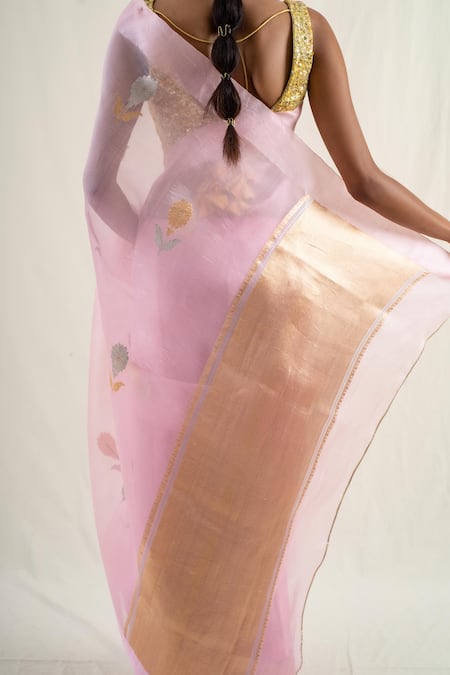 Shop_Priyanka Raajiv_Pink Silk, Brocade Chira Floral Pattern Saree With Unstitched Blouse Piece _Online_at_Aza_Fashions
