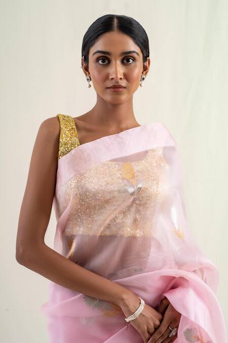 Priyanka Raajiv_Pink Silk, Brocade Chira Floral Pattern Saree With Unstitched Blouse Piece _at_Aza_Fashions