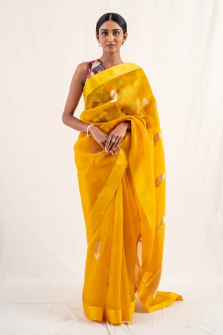 Priyanka Raajiv Yellow Silk Banarasi Handwoven Chira Pattern Saree With Unstitched Blouse Piece