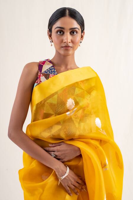 Priyanka Raajiv_Yellow Silk Embroidery Chira Floral Pattern Saree With Unstitched Blouse Piece _at_Aza_Fashions