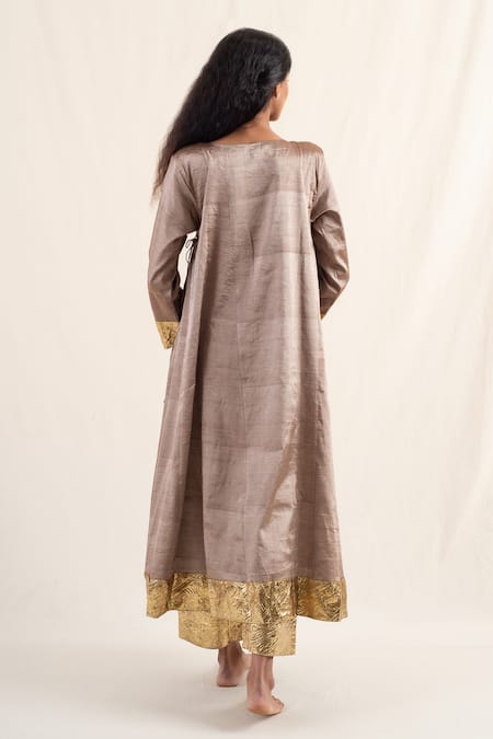 Shop_Priyanka Raajiv_Brown Silk, Chanderi Lace Asymmetric Fiza Embroidered Angrakha Kurta With Pant _at_Aza_Fashions