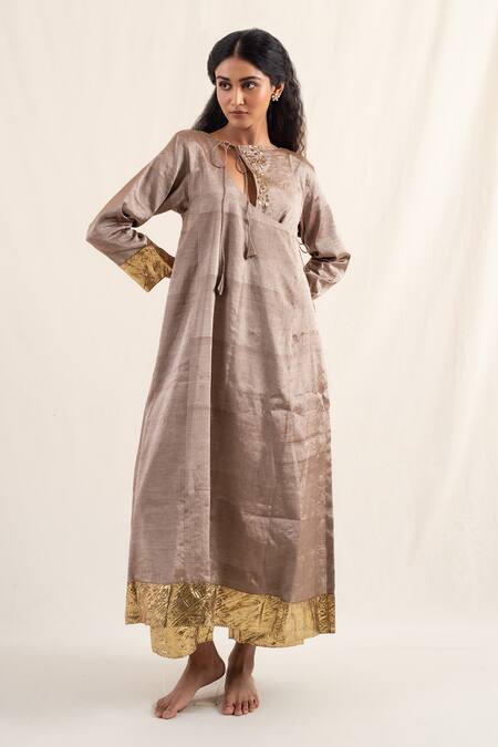 Priyanka Raajiv_Brown Silk, Chanderi Lace Asymmetric Fiza Embroidered Angrakha Kurta With Pant _Online_at_Aza_Fashions
