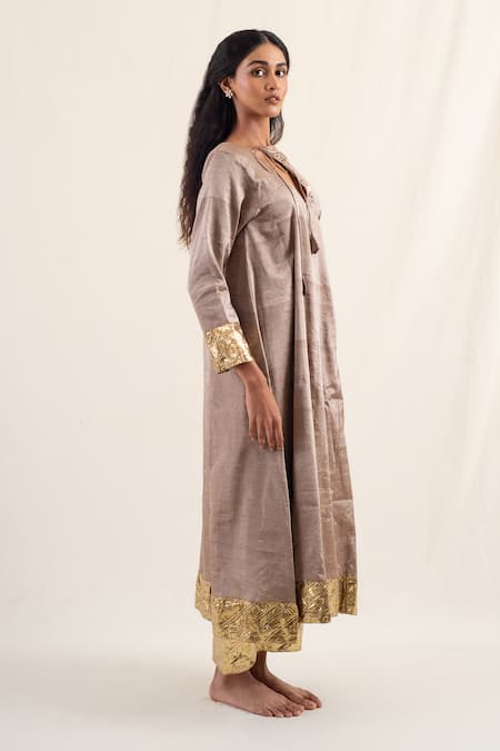 Buy_Priyanka Raajiv_Brown Silk, Chanderi Lace Asymmetric Fiza Embroidered Angrakha Kurta With Pant _Online_at_Aza_Fashions