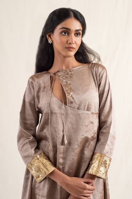Shop_Priyanka Raajiv_Brown Silk, Chanderi Lace Asymmetric Fiza Embroidered Angrakha Kurta With Pant _Online_at_Aza_Fashions
